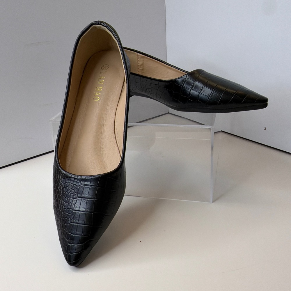 Yan Hao‎ Black Crocodile Embossed Pointed Toe Flats Shoes Womens Size 39 US 8.5